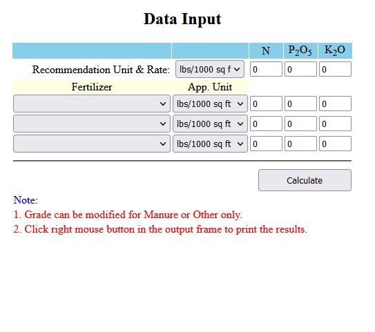 Screenshot of how to input data.